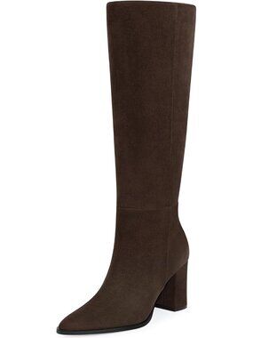 Women's Brown Suede Pointed Toe Chunky Heel Comfortable Wide Calf Knee High Boot